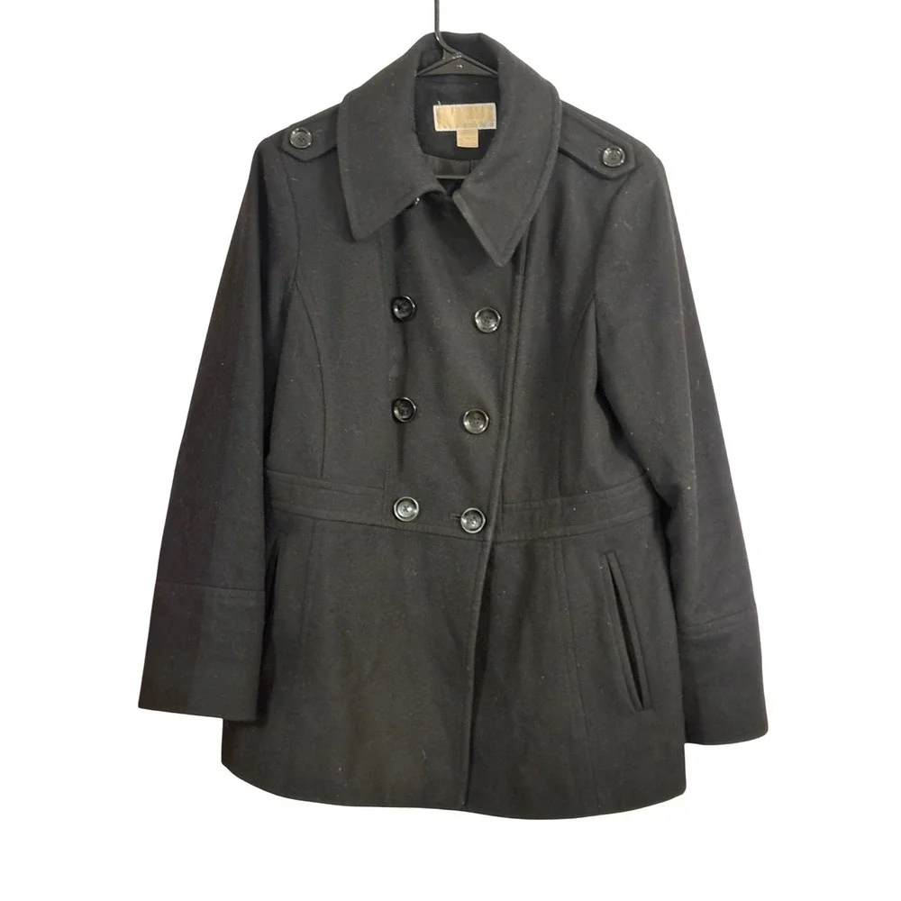 Michael Kors Womens Black Wool Blend Double Breasted‎ Pea Coat Jacket Size L